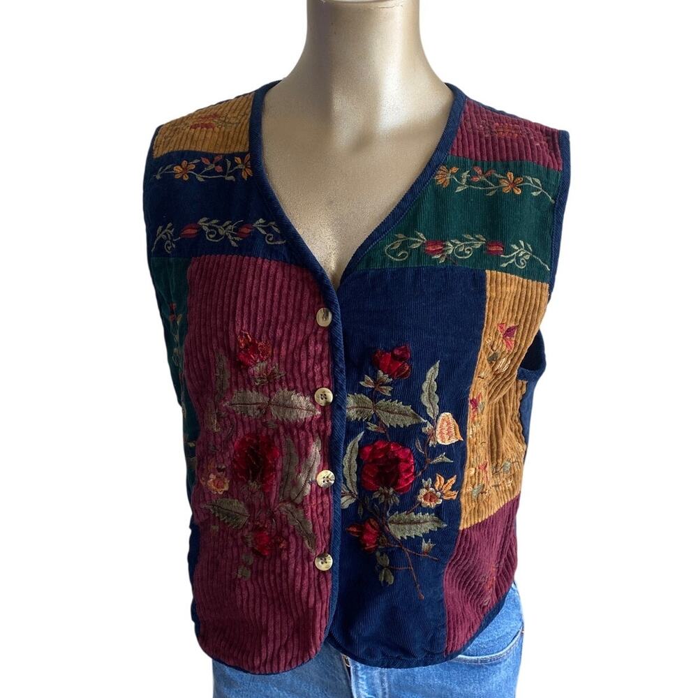 Vintage TanTrums Patchwork Floral Corduroy Vest Large 100% Cotton Velvet Roses